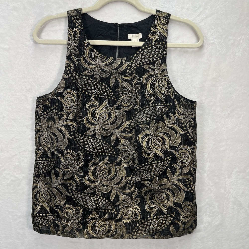 J Crew Floral Sleeveless Blouse Womens 6 Copper Metallic Black Embroidered